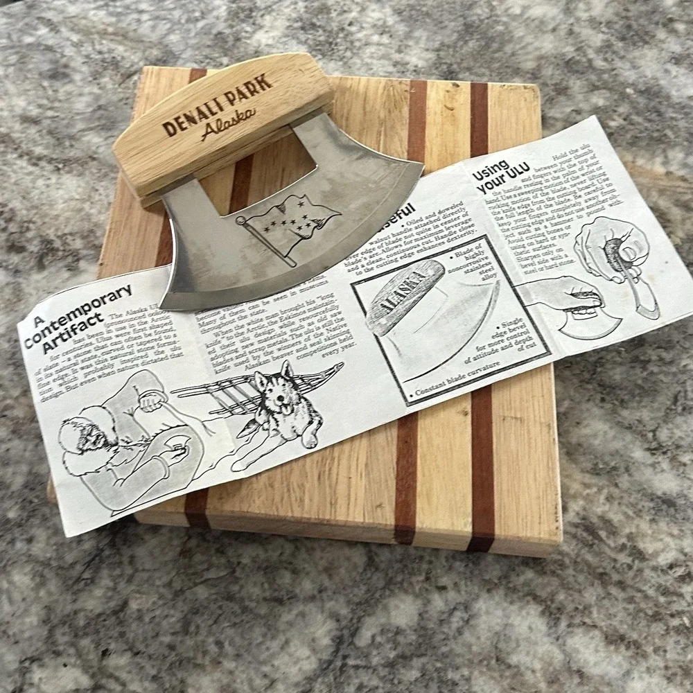 Denali National Park Wood Cutting Board Set Mezzaluna Ulu Bowl & Half Moon Knife